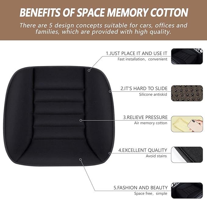 MYFAMIREA Car Seat Cushion Pad 1.2" Thick Comfort Seat Protector for Car Driver Seat Office Chair Home Use Memory Foam Seat Cushion with Non Slip Bottom, 20'' x 18.5'', Black