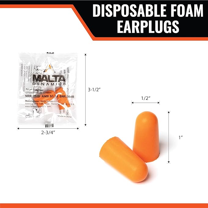 Malta Dynamics Foam Ear Plugs 200 Pairs – 32dB NRR Noise Cancelling Ear Plugs for Hearing Protection, Construction, Sleep, Concerts, Shooting, and More Individually Wrapped & Disposable Earplugs