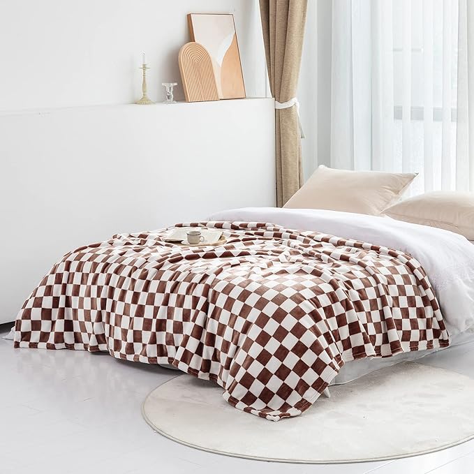 LOMAO Throw Blankets Flannel Blanket with Checkerboard Grid Pattern Soft Throw Blanket for Couch, Bed, Sofa Luxurious Warm and Cozy for All Seasons (Coffee, 40"x60")