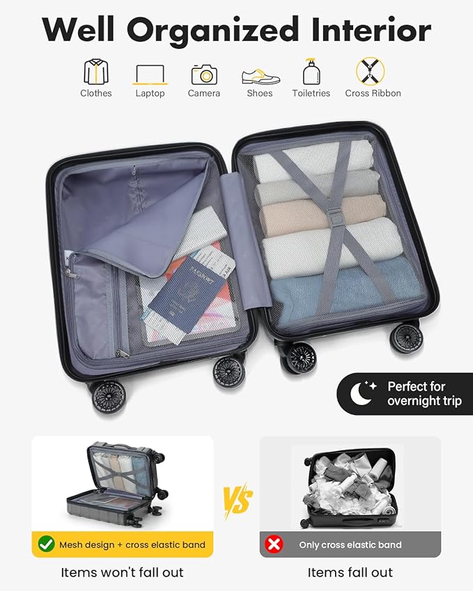 Lekesky Carry On Luggage 22x14x9 Airline Approved, 20 Inch Hard Shell Suitcase with TSA Lock, Lightweight Spinner Wheels Durable ABS Carry-On for Travel Weekend Trips Men Women, Grey