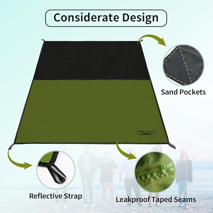 Frelaxy Pocket Picnic Blanket, Waterproof Sandproof Beach Mat, Compact Camping Tarp for Festivals, Hiking, Travel, Outdoor Recreation (Army Green, 28'' x 47'')