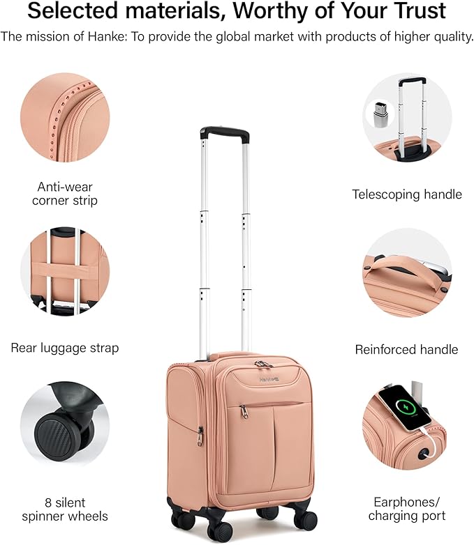 Hanke Underseat Carry On Luggage with Wheels, Lightweight Small Suitcase Airline Approved 16 Inch Softside Personal Item Travel Bag for Women Men, Compact Under Seat Luggage with Spinner Wheels.(Pink)