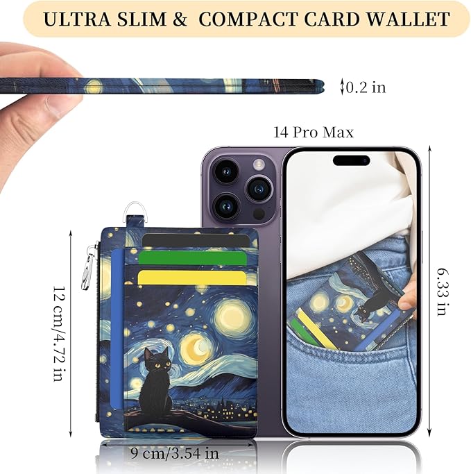 Hancynir Slim Wallet Women Credit Card Holder Black Cat Starry Night RFID Small Mini Card Case Front Pocket PU Leather Thin Travel Zipper Coin Cash ID Window Girls Wallet Gifts