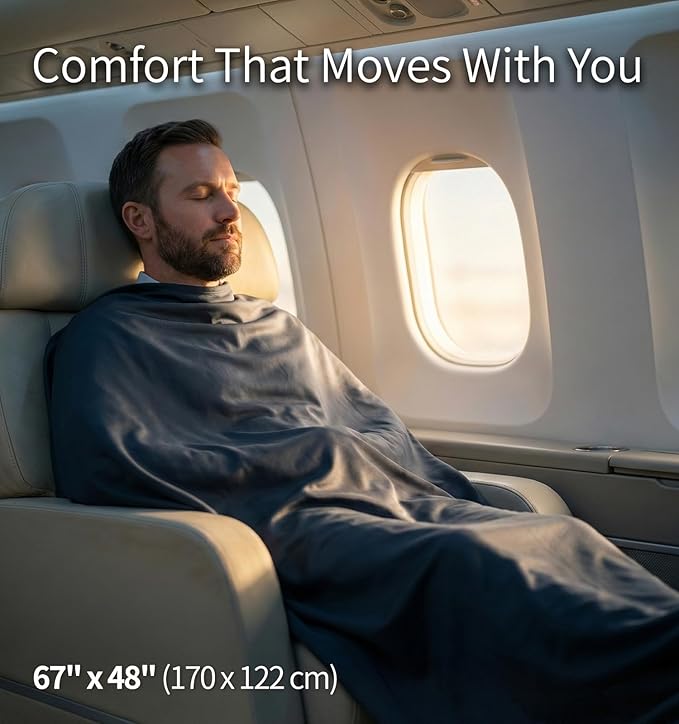 Litume Travel Blanket Lightweight and Breathable, 67 x 48 in Soft Airplane Flight Blanket for Travelers, Foldable Camping Sheet with Stuff Sack for Train, Camp, backpacking, office, home (Velvet E650)