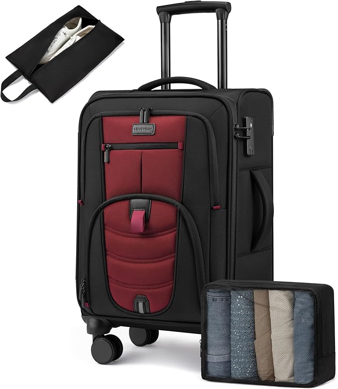 LOVEVOOK Business Softside Checked Luggage with 15.6/17.3 Inch Laptop Compartment, 24 Inch Checked Suitcase with Spinner Wheels, Large Capacity Luggage with TSA Lock for Business Trip Travel Red&Black