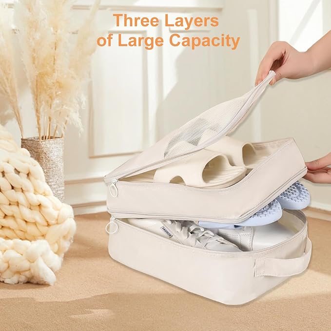 Shoe Bags for Travel Holds 3 Pair of Shoes, Shoe Storage Pouch with 2 Pack Portable Bags, Waterproof & Washable, Grey