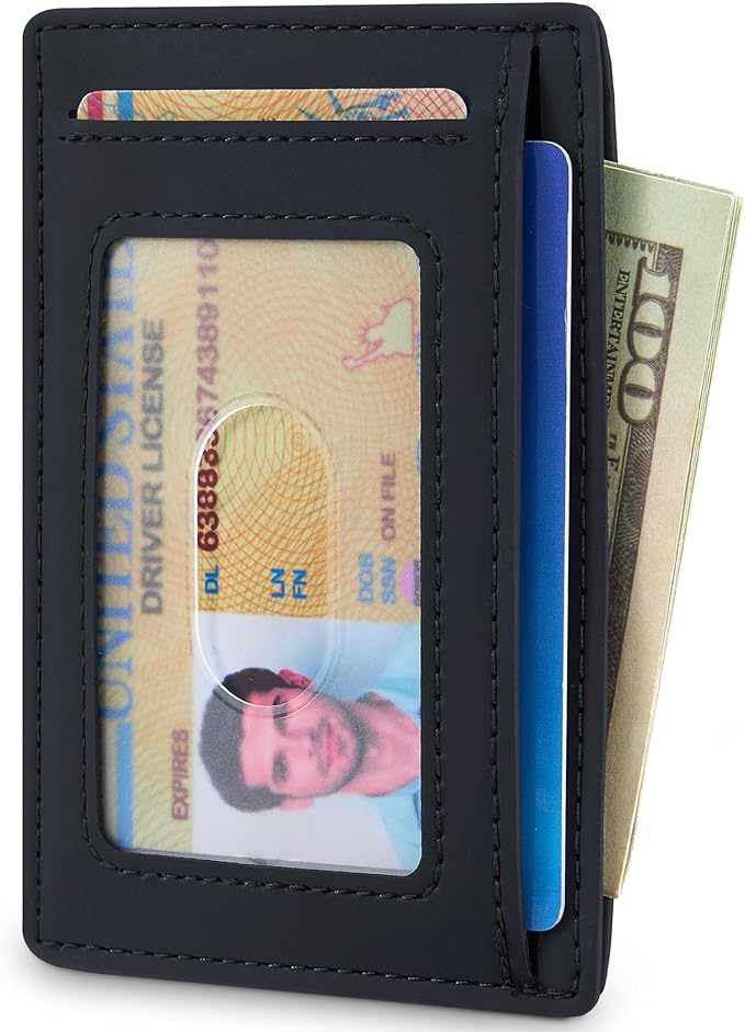 Travelambo Slim Wallet Front Pocket Minimalist Leather RFID Blocking Medium Size(Edge-Finished Black)