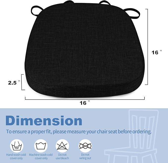 BUYUE Thickened 2.5" Dining Chair Cushions Set of 4, U-Shape High Density Foam Comfortable Chair Pads for Kitchen, Slip Resistant Indoor Seat Cushions (4 PCS, Black)