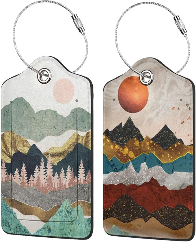 2P Sun Mountain Luggage Tags Privacy Cover ID Label with Stainless Steel Loop and Address Card for Travel Bag Suitcase Funny Cute Man Women Kids