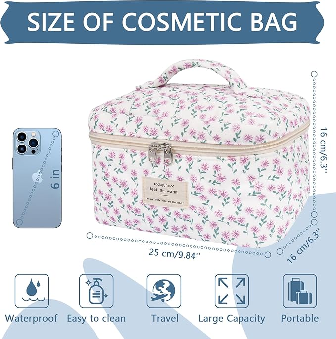Large Makeup Bag, Cute Cosmetic Bag for Women Girls, Floral Coquette Aesthetic Toiletry Bag, Travel Make Up Organizer Bag (Purple Flower)