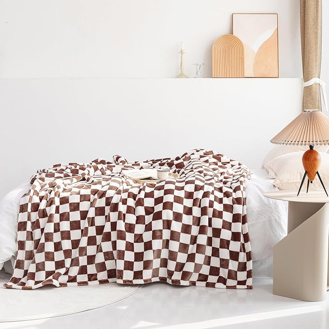 LOMAO Throw Blankets Flannel Blanket with Checkerboard Grid Pattern Soft Throw Blanket for Couch, Bed, Sofa Luxurious Warm and Cozy for All Seasons (Coffee, 40"x60")