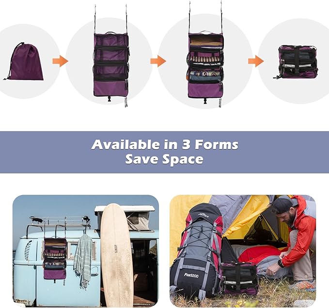 Surblue Travel Hanging Luggage Organizer Portable Suitcase Closet Organizer Multiple Compartments Collapsible Compression Packing Cubes Shelf, Purple, S