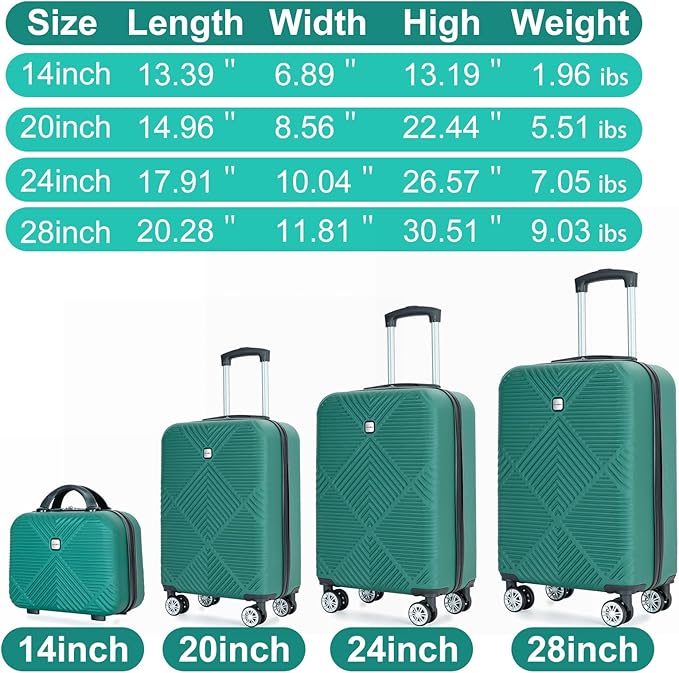 Luggage 4 Piece Set, Hardshell ABS Suitcase Set with Double Spinner Wheels, Lightweight Durable Luggage set, Carry On and Checked Travel Large Luggage, Dark Green
