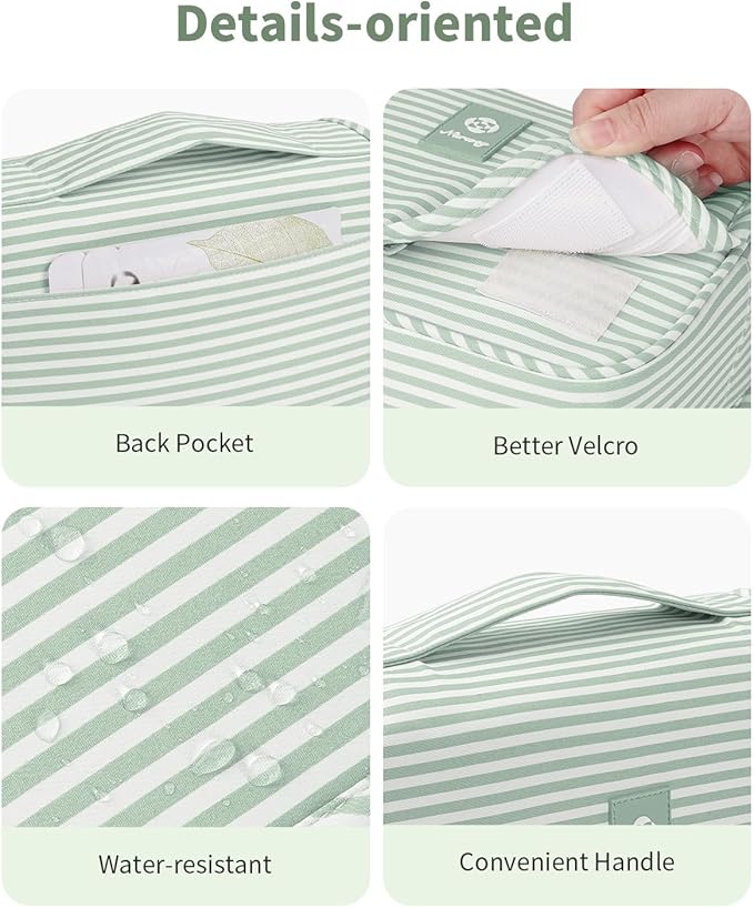 Narwey Small Hanging Toiletry Bag for Travel Women Girl, Striped Toiletries Travel Bag with Hook, Hanging Makeup Bag Organizer Make Up Cosmetic Bags (Mint Green Stripe)