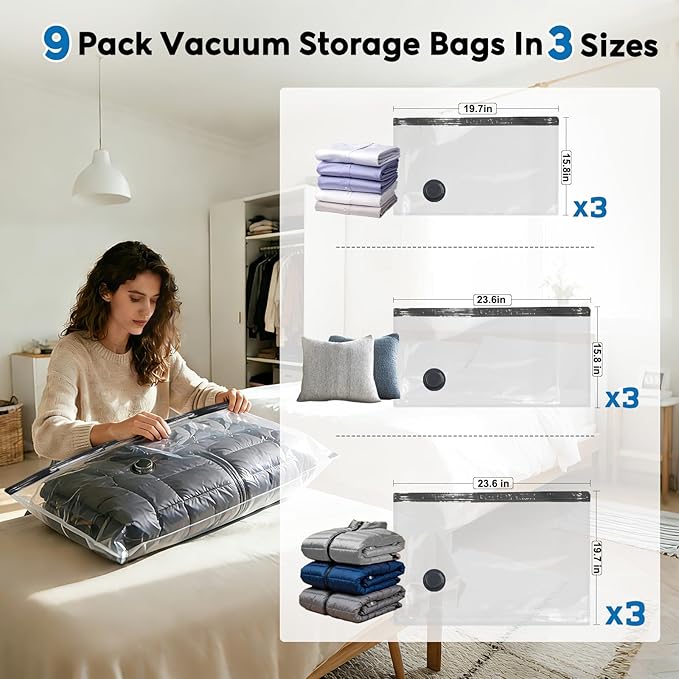 Mapambo Travel Vacuum Bags with -60000Pa LED Electric Pump, 9 Pack Vacuum Seal Bags for Clothing Travel in 3 Combo sizes, Space Saver Vacuum Storage Bags, Saving up to 80% of Space (9 Combo Size)