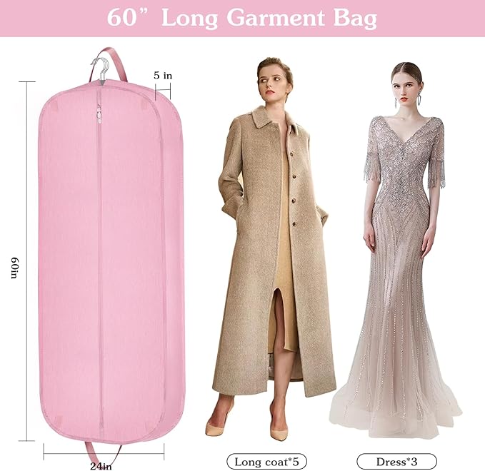 Limoomil 60 Inch Heavy Duty Tear Resistance Wedding Dress Bag for Wedding Travel, Waterproof Dress Cover for Closet Wardrobe. Garment Bag for Gowns, Tuxedos, Dress, Long Coats. Pink, 60 Inch.
