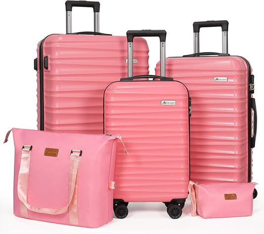 Luggage Set 3 Pieces (20/24/28) -Suitcase Set - Carry on Luggage with Wheels - Check-in Luggage - PC + ABS Durable Suitcase Rotating Silent Wheels Hardside Luggage with Spinner Wheels,5pcs (Pink)