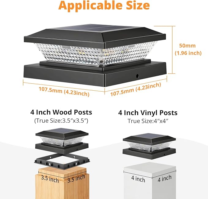 4x4 Solar Post Cap Lights Outdoor 8 Pack, Waterproof Solar Fence Light for Wooden/Vinyl Post, 2 Color Outside Deck Patio Porch Decor, Black