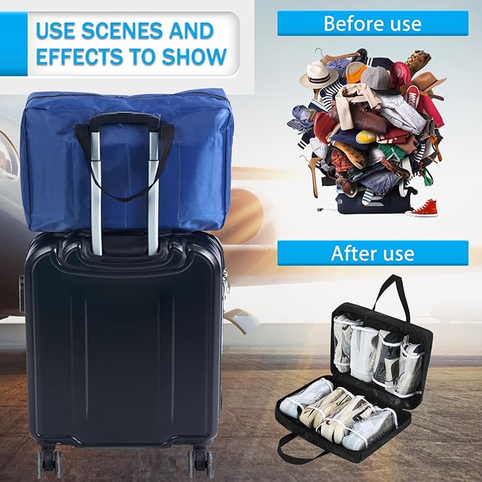 2 Pcs Shoe Bag for Travel with Handle Travel Shoe Organizer Portable Luggage Shoe Storage Bag for Multiple Shoes (Black, Blue)