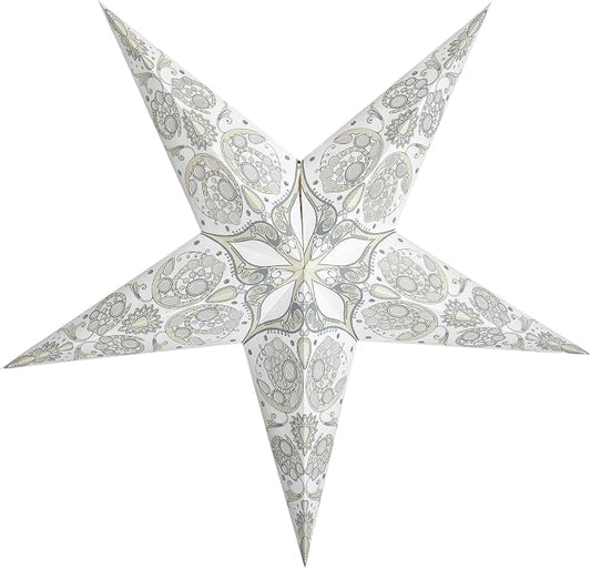 GalaxyArts Paper Star Lantern, 24 Inch Maharani White 3D 5-Point Light-Up Hanging Lamp, Handcrafted Hollow Decoration for Christmas, Weddings, Holidays, Birthday, Indoor Outdoor Party Home Décor