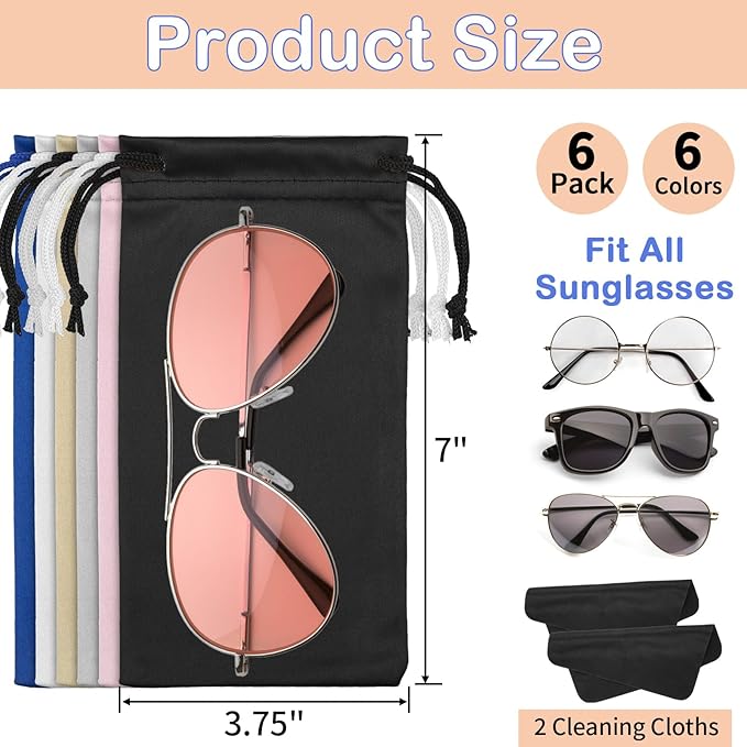 Hoiny 6 Pcs Microfiber Glasses Sunglasses Pouch with 2 Cleaning Cloths, Soft Drawstring Storage Bag for Phone, Eyeglass Case