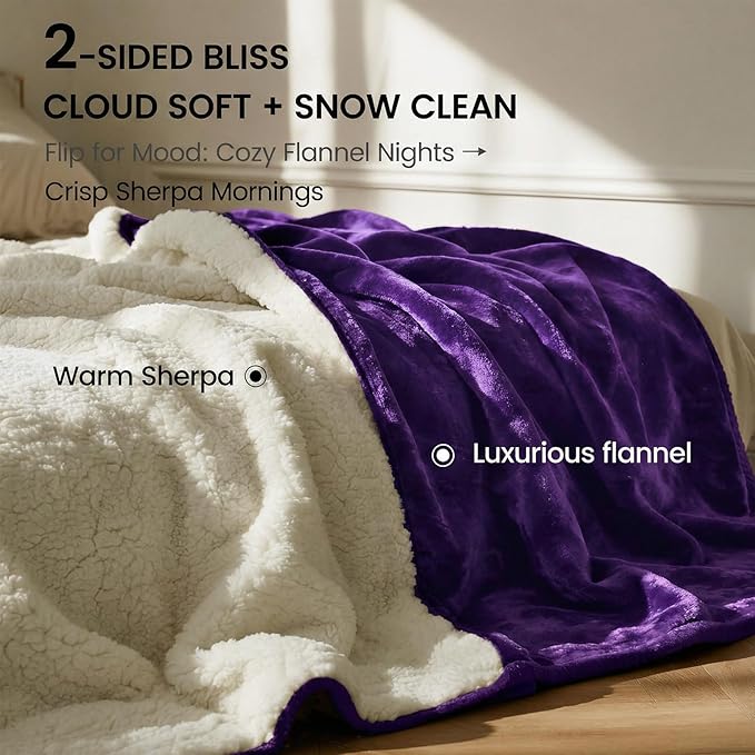 Waterproof Gray Blanket for Dog Cat Puppy, 80''x 80'' Double Side Leakproof Reversible Double Side Sherpa Flannel Fleece 3 Layer Lightweight Blanket, Absorb 70oz(PurpleWhite), Machine Washable
