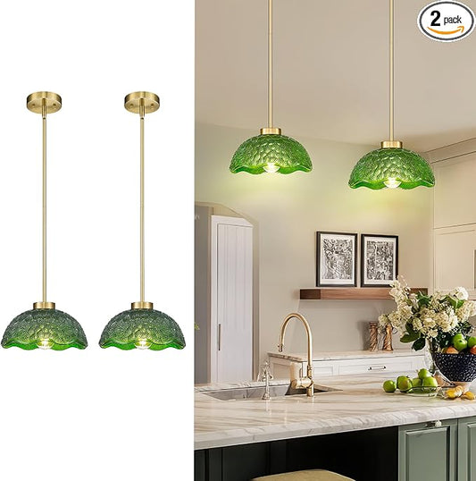 zeyu 10.4 Inch Green Glass Pendant Lightings, Brushed Gold 1 Light Island Light Fixtures, Hanging Lamps 2 Pack with Green Hammered Glass, ZJX116M1L-2PK BG G