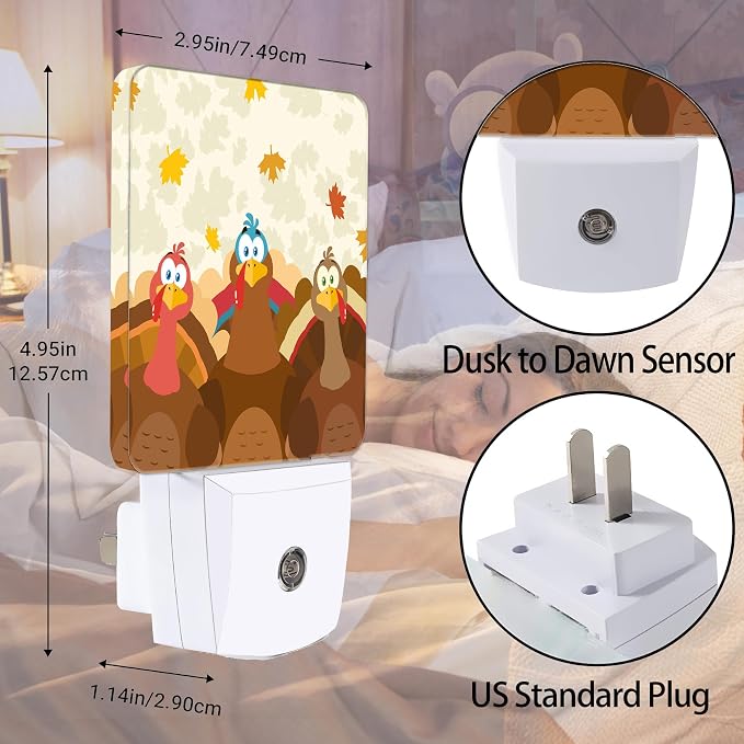 Thanksgiving Holiday Turkey Night Light Plug in Wall Lamp Smart Dusk to Dawn Sensor for Home Decorative, Kids Room Bedroom Bathroom Kitchen Hallway Gifts