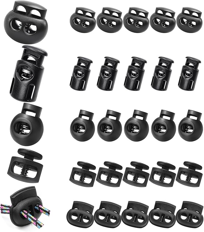 CooBigo 25pcs Plastic Spring Cord Locks for Drawstring, Paracord Toggle Stopper Clasp Elastic Shoeslace Lock Sweatpants Hoodie String Clips Gloves String Lock