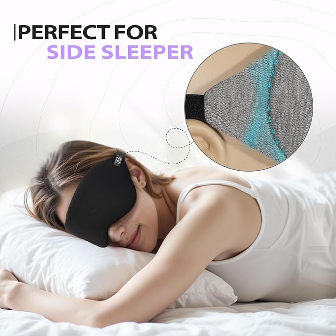 Cool-Touch Cotton Eye Sleep Mask for Men & Women, Soft & Breathable, Pressure-Free Design for Side Sleepers, Adjustable Light Blocking Mask for Sleeping, Travel & Naps (Black)