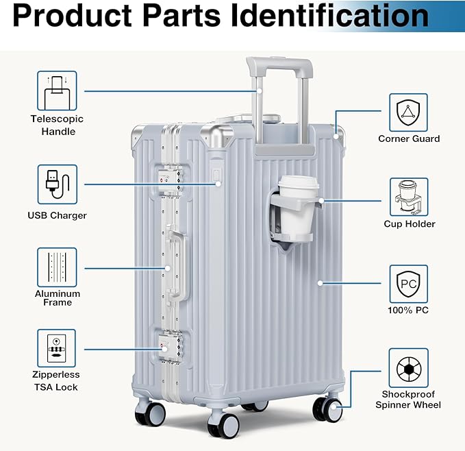 Krute No Zipper Carry On Luggage 20 Inch Suitcase with Wheels PC Aluminum Frame Zipperless Luggages with Cup Holder and Charger Hard Side TSA Approved Travel Suitcases Silver