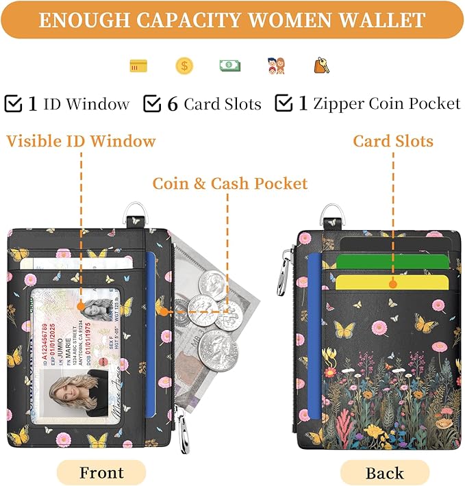 Hancynir Florals Butterfly Slim Wallet Women Credit Card Holder, Flowers RFID Blocking Front Pocket Wallet Wristlet Keychain Lanyard, Small Cute Mini Thin Travel Zipper Coin PU Leather Card Case Gifts
