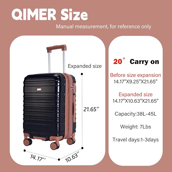 Carry on Luggage, 20Inch Expandable Luggage Airline Approved Hard Shell PC Suitcases with Wheels 22x14x9 TSA Lock Durable Zipper Lightweight Travel for Men and Women, Black