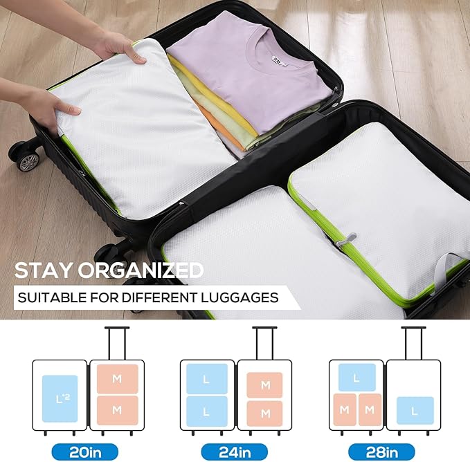 Compression Packing Cubes, 6 Set Packing Cubes for Travel Compression, Lightweight Compressible Package Organizer for Carry On and Suitcases, White and Green