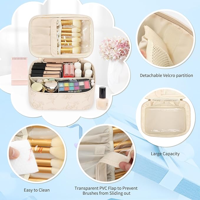 OCHEAL Makeup Bag Set, Portable Travel Makeup Bags Cosmetic Organizer Bag for Women Cute Floral Cosmetic Pouch Large Capacity Make up Bag PU Leather Toiletry Bags with Divider and Handle-Beige