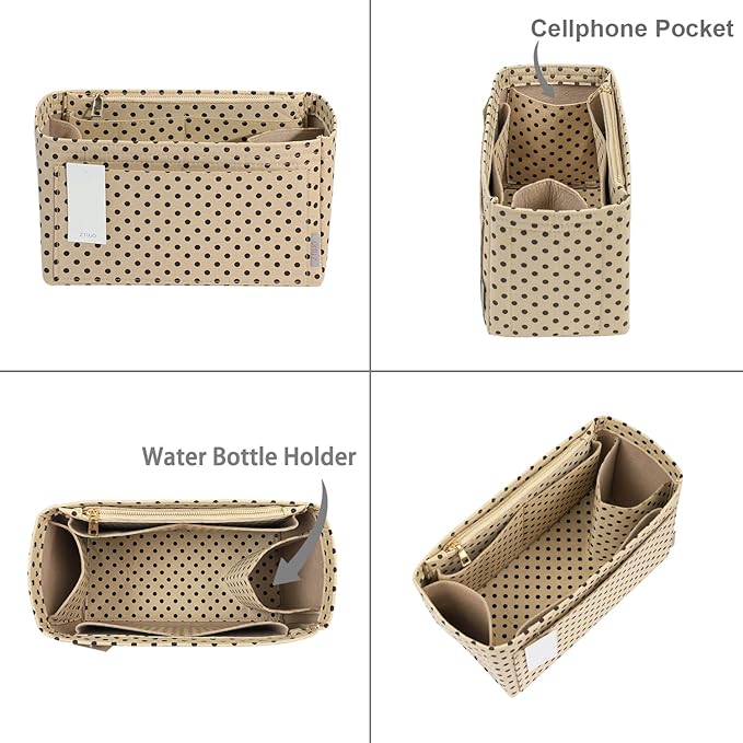 ZTUJO Purse Organizer Insert For Handbags, Silky Touching Bag Organizer Insert With Bottle Holder, Perfect for Speedy, Neverfull, Tote,ONTHEGO,Artsy,Handbag and More (Large, Brown polk dots Beige)