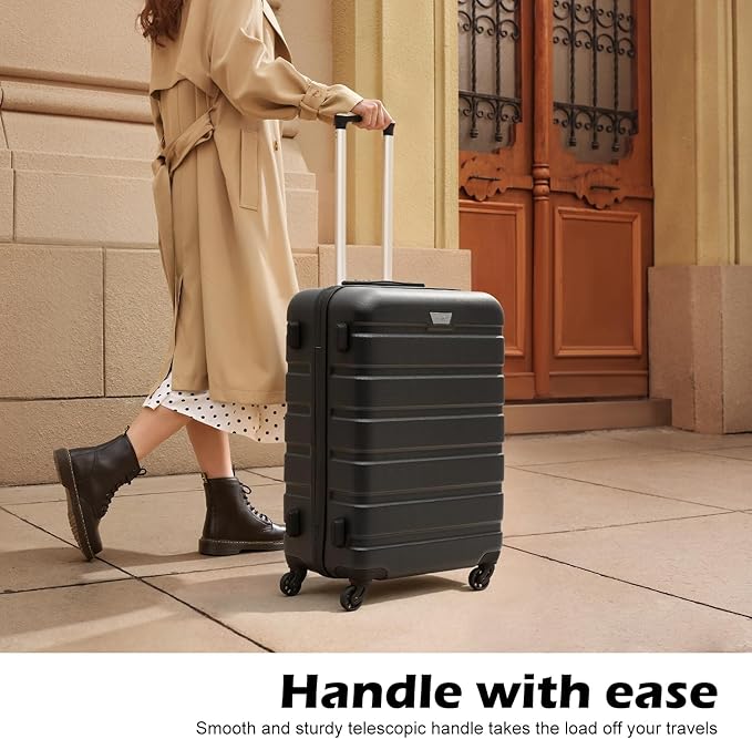 Coolife Luggage 3 Piece Set, Lightweight Durable Hardshell Suitcase set with 360° Spinner Wheels, TSA-approved Lock, Checked Family Travel Luggage sets, 20/24/28 Inch, Black