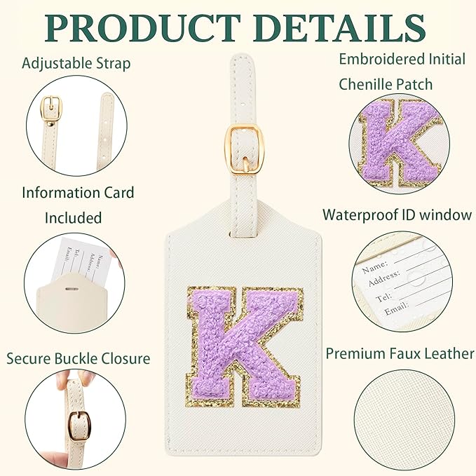 Embroidered Luggage Tag – Initial Bag Tag for Suitcase, Backpack, Carry-On, Duffel – Faux Leather Travel Accessory, Name Identifier, ID Label for Travel Bags (K, White Leather+Purple Letter)