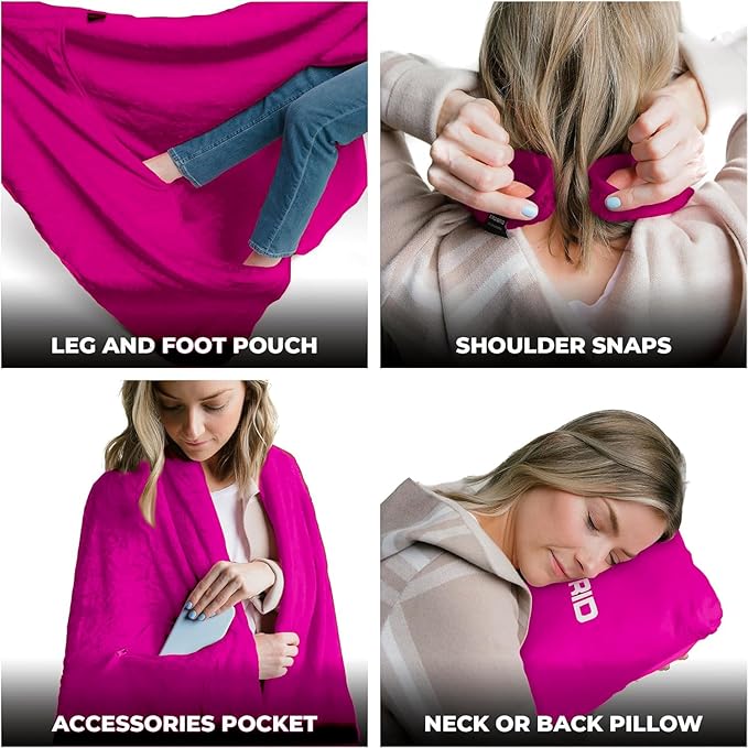 Zero Grid Lightweight Travel Blanket – Premium Compact Wearable Airplane Blanket with Neck Snaps, Cozy Foot Pockets, Zipper Pouch, converts to Soft Pillow for Ultimate Comfort - Hot Pink
