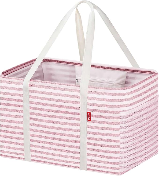 LHZK Standing Utility Tote Bag with Metal Wire Frame and the Sides Rinforced, Large Tote Bag with Handle, Reusable Grocery Bags Foldable, Beach Bag, Car Tote (Pink, 18.5''x11.8''x11.5'')
