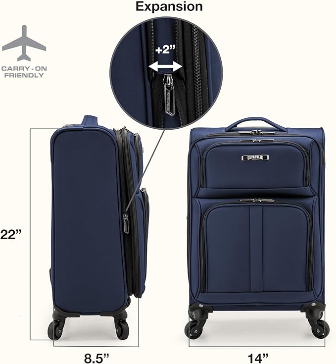 U.S. Traveler Anzio Softside Expandable Luggage with Spinner Wheels, Navy, 22-Inch Carry-on