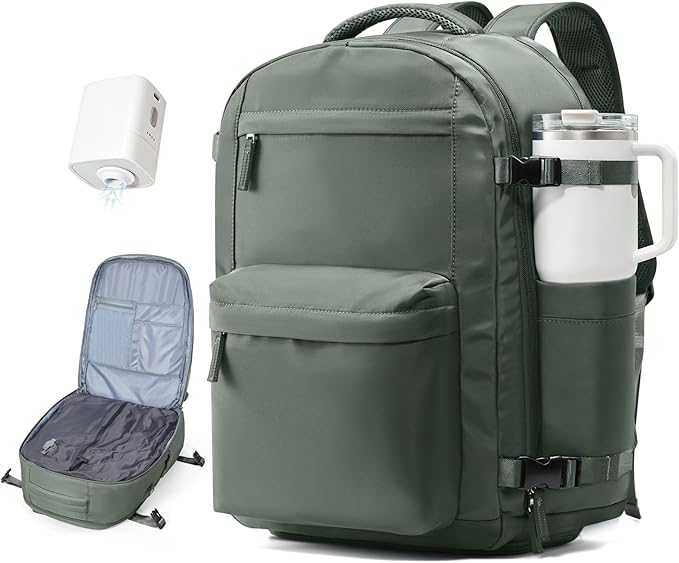 Vacuum Travel Backpack with Pump for Women, Personal Item Carry on Backpacks Flight Approved 18x14x8 inches for Men,Laptop Waterproof Work Compression bags Casual Daypack. Green.
