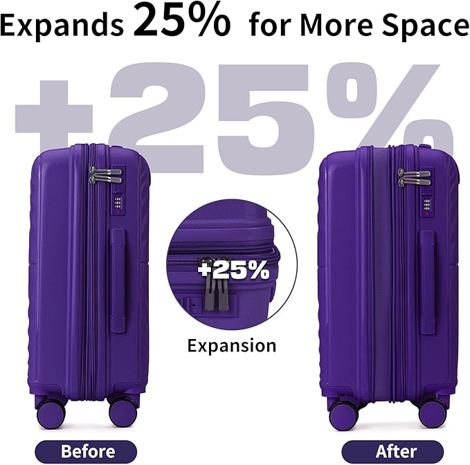 LARVENDER Carry On Luggage Set 22x14x9 Airline Approved, Expandable 20 Inch Carry-On Suitcases With Wheels, Lightweight Luggage Sets 3 Pieces With Backpack, Grape Purple