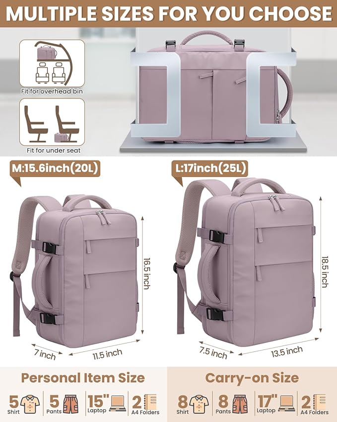 Pritent Travel Backpack for Women Man, Waterproof Laptop Backpack Travel Bag Airline Approved Carry on Weekender Overnight Bag Bookbag for Business,Travel, Work Fits 17.3 inch Laptop(Large,Purple)