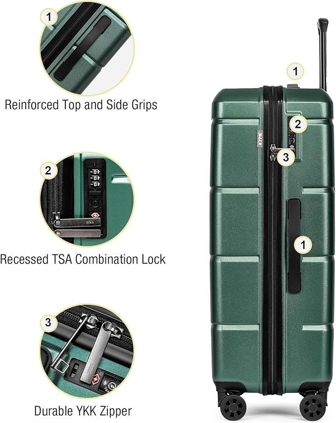 KYME Luggage Sets 3 Piece Hardshell 20"/24"/28" Suitcase with Wheels Hardside Suitcase Set with TSA Lock Large Travel Luggage Set for Men Women Green