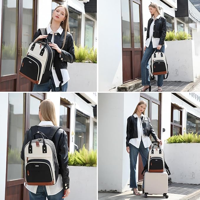 Laptop Backpack for Women Bag - 15.6 inch Work Bags with USB Charger College Bookbag Business Computer Backpack Purse Beige Black Brown