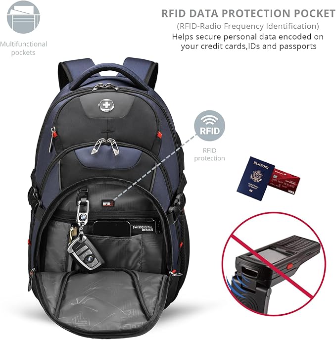Swissdigital Design Travel Backpack for Men with Apple Find My, Laptop Backpack with USB Charging Port, RFID Protection, Add-A-Bag System - Travel Backpack for Men-Finder Color Random | SD803BT013-12