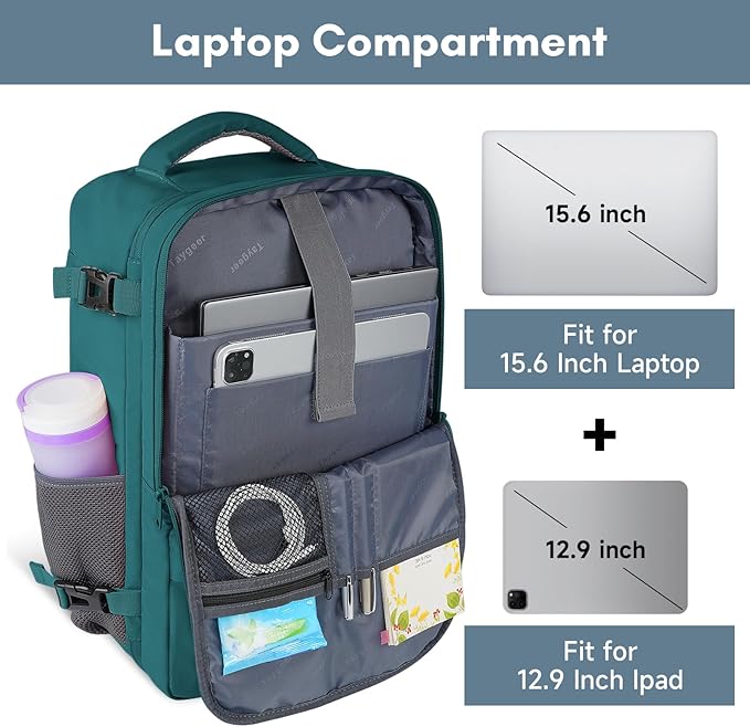 Taygeer Carry on Backpack for Men Women, Luggage Laptop Backpack for Airplane Travel with Water Bottle Pocket, 35L Water Resistant Gym Weekender Bag for College Gift, Peacock Blue