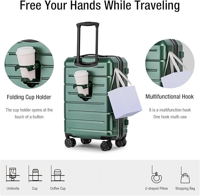 KYME Carry On Luggage 22x14x9 Airline Approved Hardshell Carry On Suitcases with Wheels Travel Rolling 20 Inch Luggage with Cup Holder for Men Women,Carry-on Green