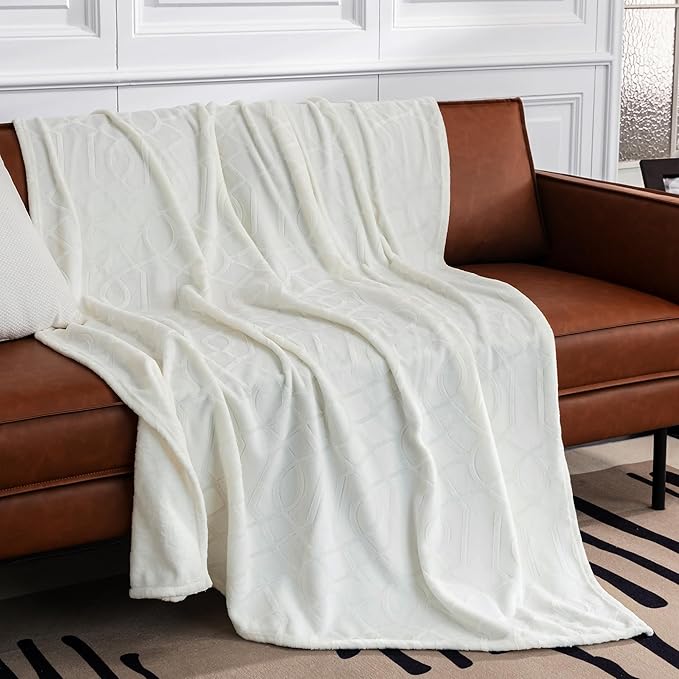 Soft Cozy Fleece Throw Blanket, 50x60 Inches – Lightweight Plush Blanket for Couch, Fuzzy 3D Jacquard Design, for Sofa, Bed & Travel - Ivory White
